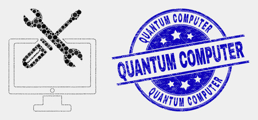 Dotted desktop options mosaic pictogram and Quantum Computer seal stamp. Blue vector round textured seal stamp with Quantum Computer title. Vector composition in flat style.