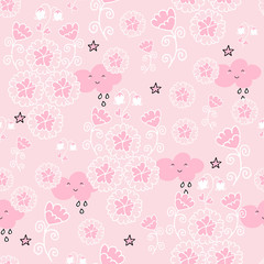 Cute seamless pattern with flowers and owls on baby pink background.