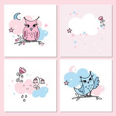 Cute pastel colors cards with owls and clouds. Nursery posters.