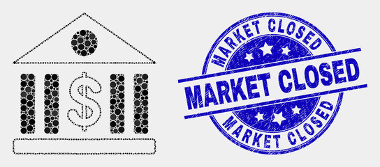 Pixelated dollar bank mosaic icon and Market Closed seal. Blue vector rounded textured stamp with Market Closed caption. Vector combination in flat style.