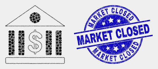 Obraz premium Pixelated dollar bank mosaic icon and Market Closed seal. Blue vector rounded textured stamp with Market Closed caption. Vector combination in flat style.