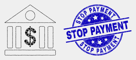 Obraz premium Dot dollar bank mosaic icon and Stop Payment seal. Blue vector rounded scratched seal with Stop Payment caption. Vector collage in flat style. Black isolated dollar bank mosaic of random circles,