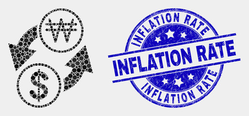Obraz premium Dotted dollar exchange korean won mosaic icon and Inflation Rate stamp. Blue vector rounded distress seal stamp with Inflation Rate phrase. Vector combination in flat style.