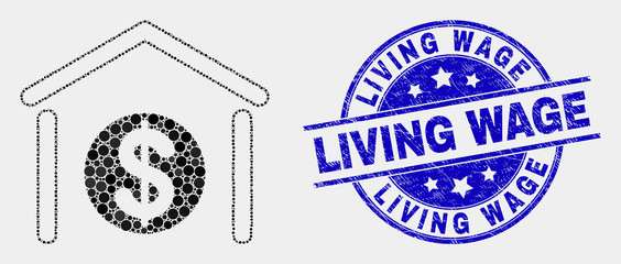 Obraz premium Pixelated dollar garage bank mosaic pictogram and Living Wage seal stamp. Blue vector round distress seal stamp with Living Wage text. Vector combination in flat style.