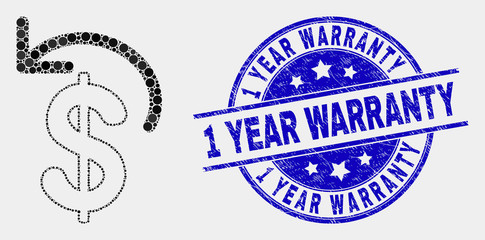 Pixelated dollar refund mosaic icon and 1 Year Warranty seal stamp. Blue vector rounded distress stamp with 1 Year Warranty phrase. Vector collage in flat style.