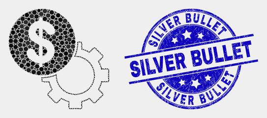 Fototapeta premium Dotted dollar setup gear mosaic pictogram and Silver Bullet watermark. Blue vector rounded textured watermark with Silver Bullet title. Vector combination in flat style.