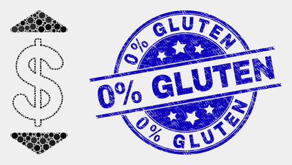 Dotted dollar up down mosaic icon and 0% Gluten stamp. Blue vector round distress seal stamp with 0% Gluten phrase. Vector combination in flat style.