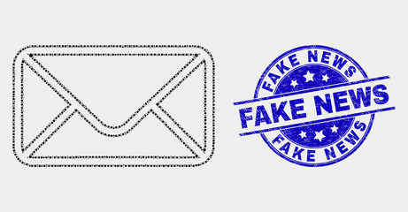 Dot envelope mosaic pictogram and Fake News seal stamp. Blue vector rounded textured seal stamp with Fake News message. Vector collage in flat style.