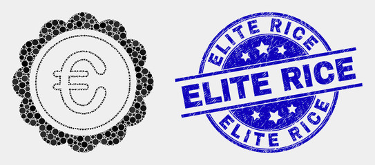 Pixelated euro award mosaic pictogram and Elite Rice seal stamp. Blue vector rounded grunge seal stamp with Elite Rice text. Vector combination in flat style.