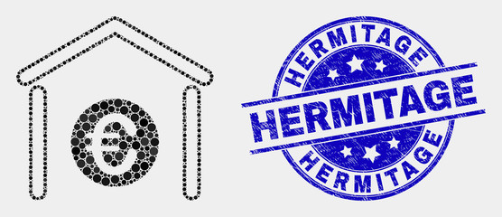 Obraz premium Dot euro bank mosaic pictogram and Hermitage seal stamp. Blue vector round scratched seal with Hermitage message. Vector composition in flat style. Black isolated euro bank mosaic of scattered dots,