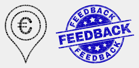 Obraz premium Pixelated euro map marker mosaic pictogram and Feedback seal. Blue vector round distress seal with Feedback text. Vector composition in flat style.