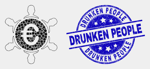 Dot euro people company mosaic pictogram and Drunken People seal stamp. Blue vector rounded distress stamp with Drunken People phrase. Vector combination in flat style.