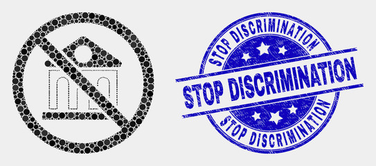 Pixelated forbidden bank mosaic pictogram and Stop Discrimination seal stamp. Blue vector rounded textured seal with Stop Discrimination message. Vector combination in flat style.