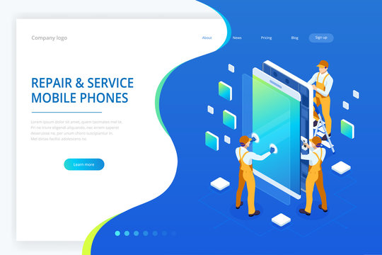 Isometric smartphone repair service concept. Electronics repair service. Same day phone repair landing page website template.