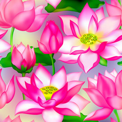 Lotus buds and flowers seamless background., Water lilly nelumbo aquatic plant floral graphic design.