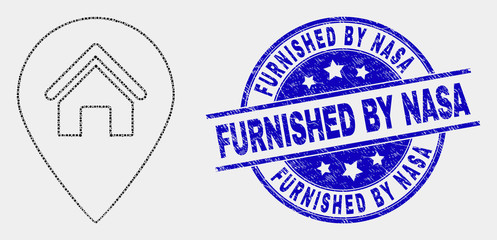 Obraz premium Dotted house map marker mosaic icon and Furnished by NASA seal stamp. Blue vector round distress stamp with Furnished by NASA message. Vector composition in flat style.