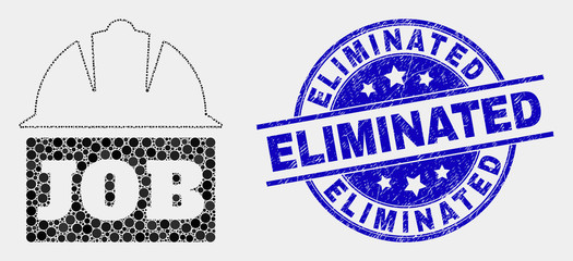 Obraz premium Dotted job helmet mosaic pictogram and Eliminated seal stamp. Blue vector rounded textured seal stamp with Eliminated phrase. Vector composition in flat style.