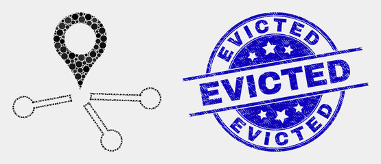 Pixel map pointer links mosaic icon and Evicted seal stamp. Blue vector round scratched seal stamp with Evicted phrase. Vector composition in flat style.