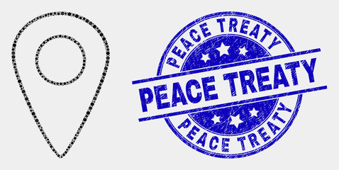 Dotted map pointer mosaic pictogram and Peace Treaty stamp. Blue vector round textured stamp with Peace Treaty title. Vector composition in flat style.