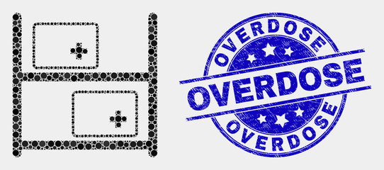 Pixelated medical goods mosaic icon and Overdose seal. Blue vector rounded scratched seal stamp with Overdose text. Vector collage in flat style.