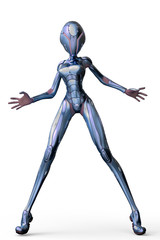 alien girl from the space in a pink suit on white background