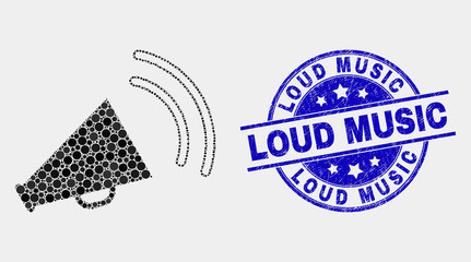 Pixelated megaphone sound mosaic pictogram and Loud Music seal stamp. Blue vector rounded distress seal stamp with Loud Music phrase. Vector collage in flat style.