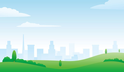 Meadow and city on the background with bright sky vector illustration suitable for environment theme background or wallpaper  © Muhamad