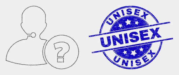 Dot operator information mosaic icon and Unisex stamp. Blue vector round grunge seal with Unisex caption. Vector composition in flat style.