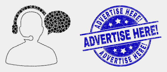 Dot operator message mosaic icon and Advertise Here! seal stamp. Blue vector rounded grunge seal stamp with Advertise Here! title. Vector composition in flat style.