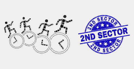 Dotted people run over clocks mosaic pictogram and 2Nd Sector seal stamp. Blue vector round distress seal stamp with 2Nd Sector phrase. Vector collage in flat style.