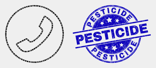 Pixelated phone call mosaic icon and Pesticide seal stamp. Blue vector rounded grunge seal stamp with Pesticide message. Vector combination in flat style.