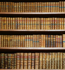 old books on wooden shelf