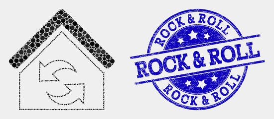 Obraz premium Dotted refresh house mosaic pictogram and Rock & Roll seal stamp. Blue vector rounded grunge seal with Rock & Roll message. Vector collage in flat style.