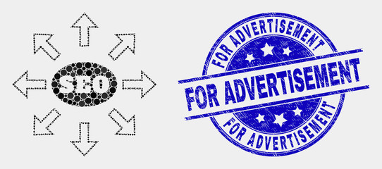 Pixel seo distribution arrows mosaic pictogram and For Advertisement seal stamp. Blue vector rounded textured stamp with For Advertisement caption. Vector collage in flat style.
