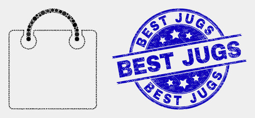 Dot shopping bag mosaic icon and Best Jugs stamp. Blue vector rounded scratched stamp with Best Jugs title. Vector composition in flat style. Black isolated shopping bag mosaic of randomized dots,
