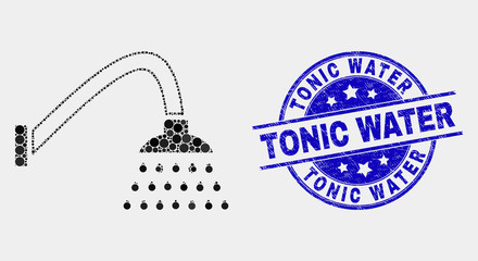 Dot shower mosaic icon and Tonic Water seal stamp. Blue vector round grunge seal stamp with Tonic Water phrase. Vector combination in flat style. Black isolated shower mosaic of randomized spheres,