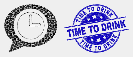 Pixel time message balloon mosaic pictogram and Time to Drink seal. Blue vector round distress seal stamp with Time to Drink caption. Vector collage in flat style.
