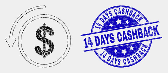 Obraz premium Dotted undo payment mosaic icon and 14 Days Cashback stamp. Blue vector round grunge stamp with 14 Days Cashback title. Vector combination in flat style.