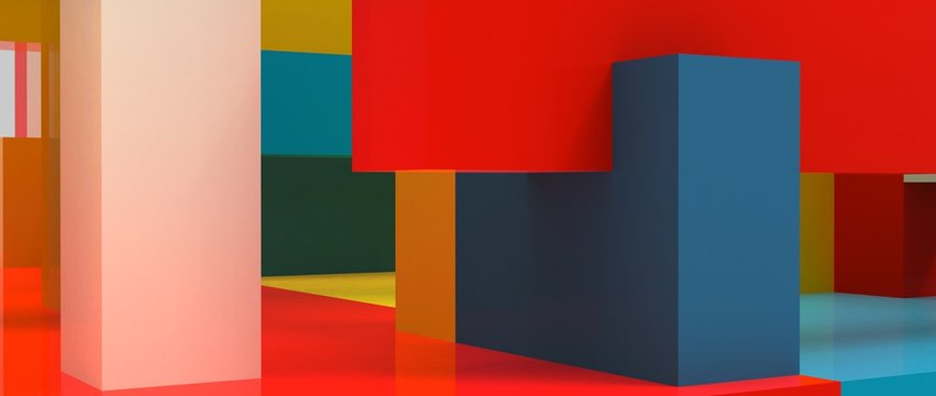 Diseño abstracto de formas geométricas simple con colores llamativos y combinaciones. Fondo tridimensional de materiales plásticos y sombras arrojadas. Recurso para presentación de producto.