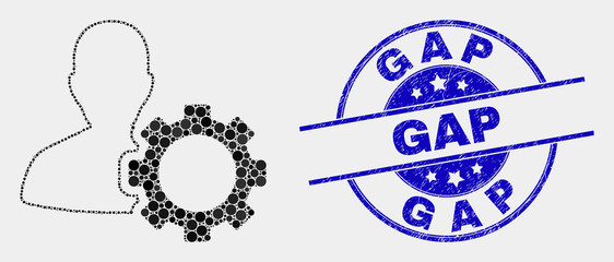 Pixelated user options gear mosaic icon and Gap seal stamp. Blue vector round grunge seal stamp with Gap title. Vector composition in flat style.