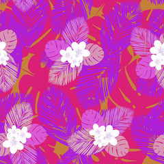 Seamless vector tropical pattern. Plumeria, frangipani. Exotic vector beach wallpaper seamless pattern.