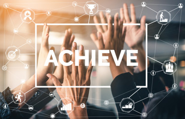 Achievement and Business Goal Success Concept - Creative business people with icon graphic...