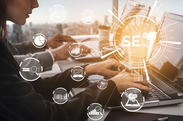 SEO - Search Engine Optimization for Online Marketing Concept. Modern graphic interface showing...