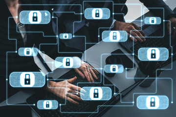 Cyber Security and Digital Data Protection Concept. Icon graphic interface showing secure firewall...