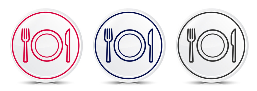 Plate with fork and knife icon crystal flat round button set illustration design