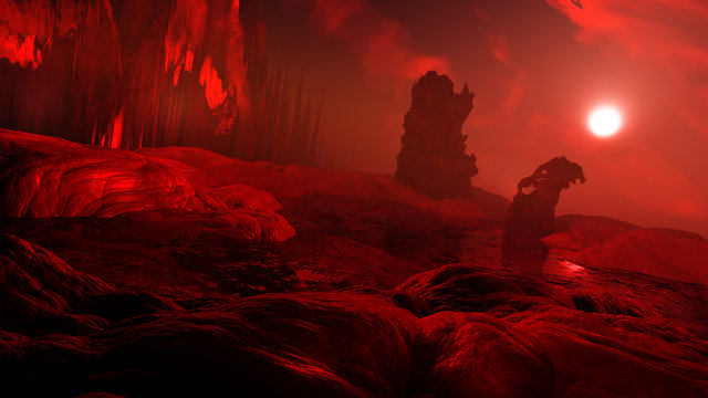 rendering of dark and scary hell environment with spooky landscape and fiery atmosphere