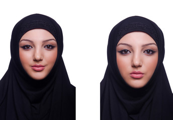 Muslim young woman wearing hijab on white