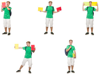 Young student with backpack and notes isolated on white