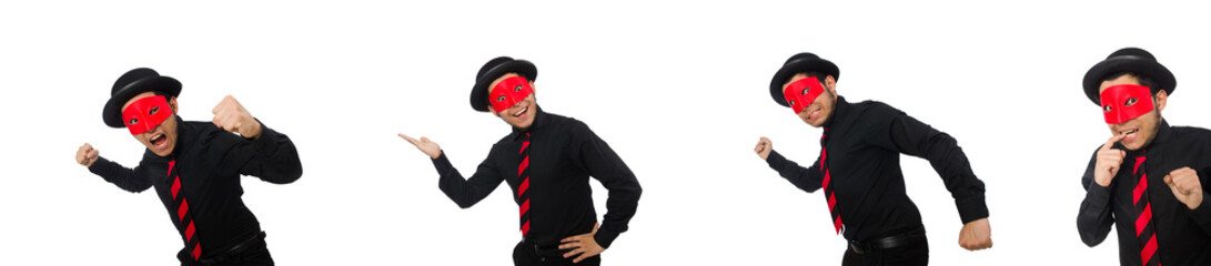 Young man with red mask isolated on white