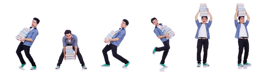 Student with lots of books on white